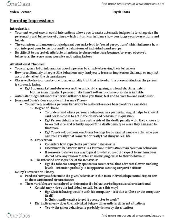 PSYCH 1X03 Lecture Notes - Fundamental Attribution Error, Video Lesson, Rush Hour thumbnail