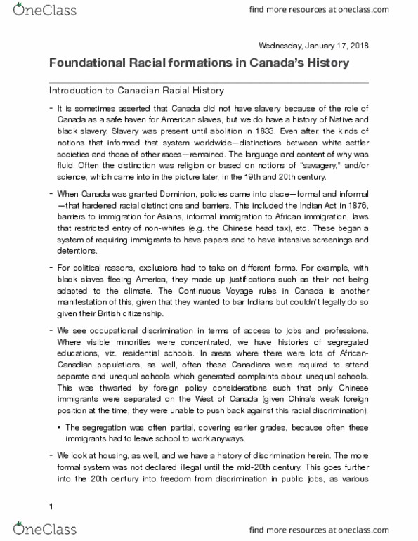 HIS466H1 Lecture Notes - Lecture 1: Joe Fortes, Peter Lougheed, Chinese Head Tax In Canada thumbnail