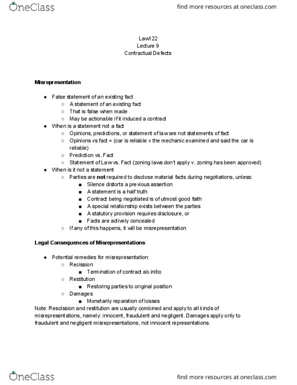 LAW 122 Lecture Notes - Lecture 9: Specific Impulse, Unconscionability, Transact thumbnail