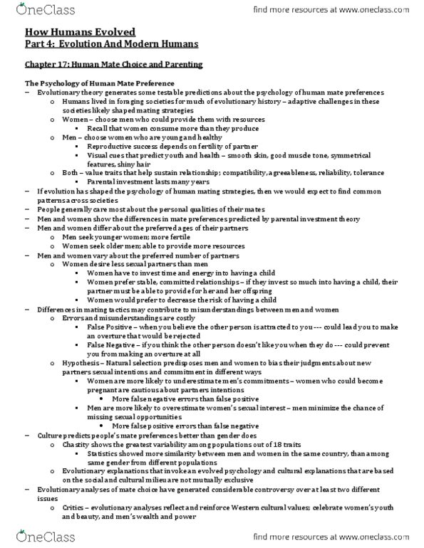 BIOLOGY 1M03 Chapter Notes - Chapter 17: Human Mating Strategies, Bride Price, Mate Choice thumbnail