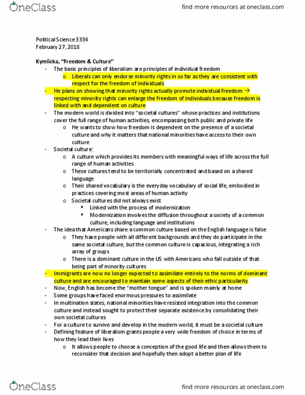 Political Science 3334E Chapter Notes - Chapter Kymlicka&Kukathas: Cultural Identity, Paternalism thumbnail