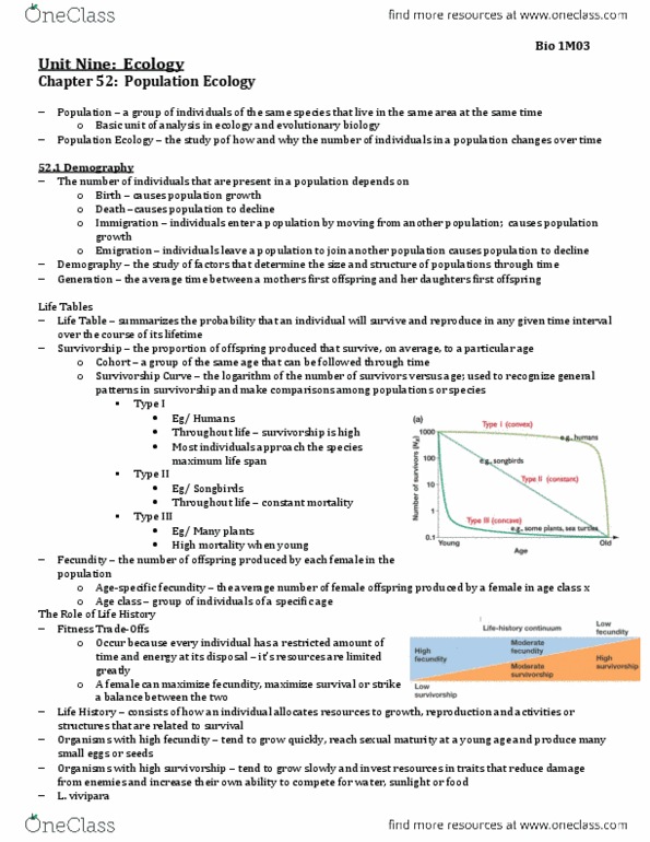 BIOLOGY 1M03 Chapter Notes - Chapter 52: Net Reproduction Rate, Logistic Function, Survivorship Curve thumbnail