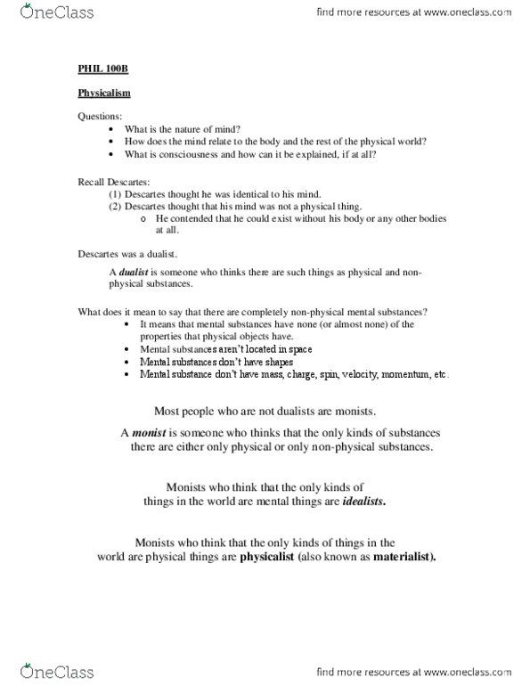 PHIL 100 Lecture Notes - Mental Substance, Monism, Scientific Method thumbnail