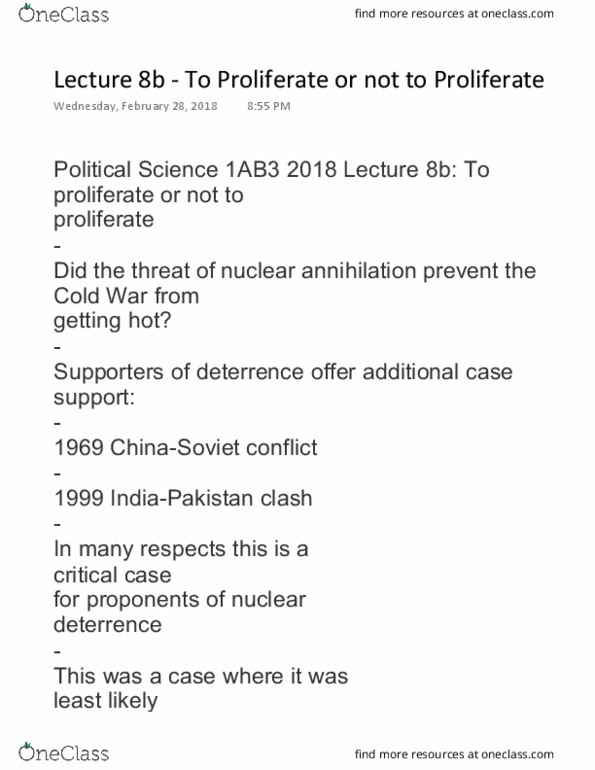 POLSCI 1AB3 Lecture Notes - Lecture 10: Nuclear Technology, Mutual Assured Destruction, Hedley Bull thumbnail