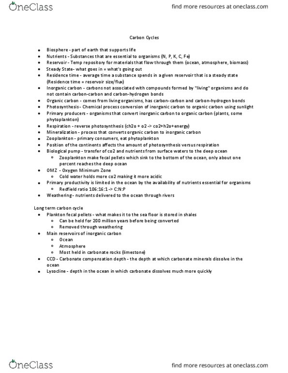 GEO 002 Lecture Notes - Lecture 5: Carbonate Compensation Depth, Redfield Ratio, Carbon Cycle thumbnail