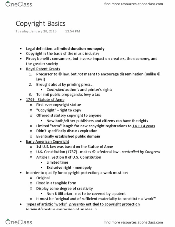 MUIN 270 Lecture Notes - Lecture 2: Piano Roll, United States Copyright Office, Lady Gaga thumbnail