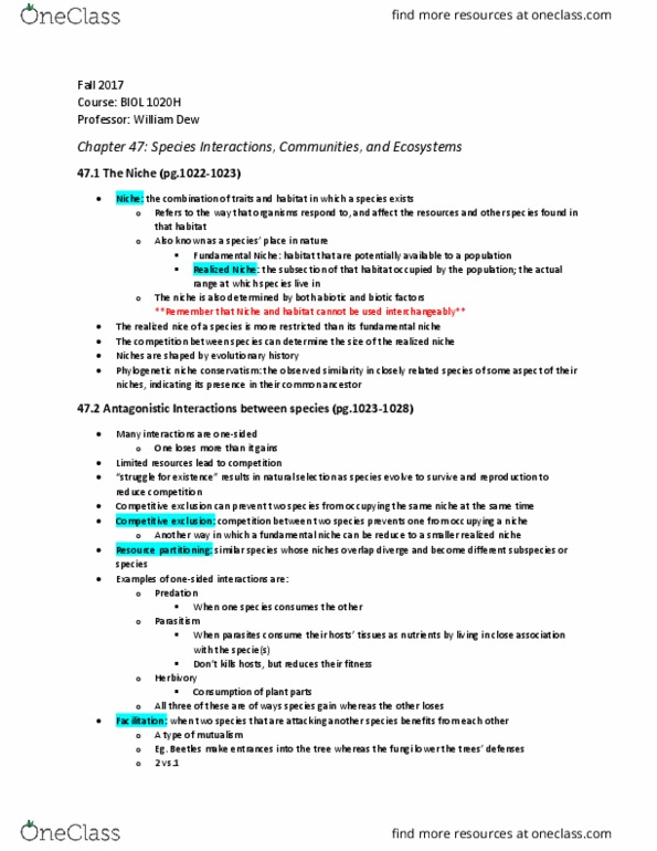 BIOL 1020H Chapter Notes - Chapter 47: Keystone Species, Coevolution, Trophic Level thumbnail