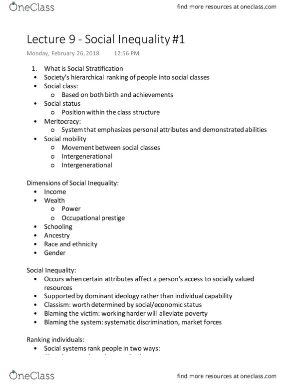 SOCIOL 1Z03 Lecture Notes - Lecture 9: Ascribed Status, Class Discrimination, Meritocracy thumbnail