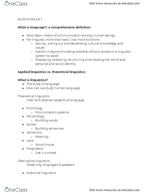 ALDS 1001 Lecture Notes - Lecture 1: Computational Linguistics, Neurolinguistics, Acculturation thumbnail