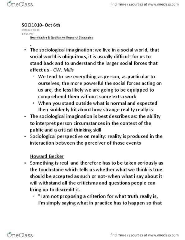 SOCI 1010 Lecture Notes - The Sociological Imagination, Grammatical Case, Social Forces thumbnail