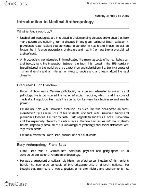 ANT208H1 Lecture Notes - Lecture 1: Ethnography, Health Promotion, Historical Particularism thumbnail