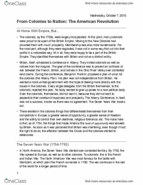 HIS271Y1 Lecture Notes - Lecture 4: Olive Branch Petition, Appalachian Mountains, George Grenville thumbnail