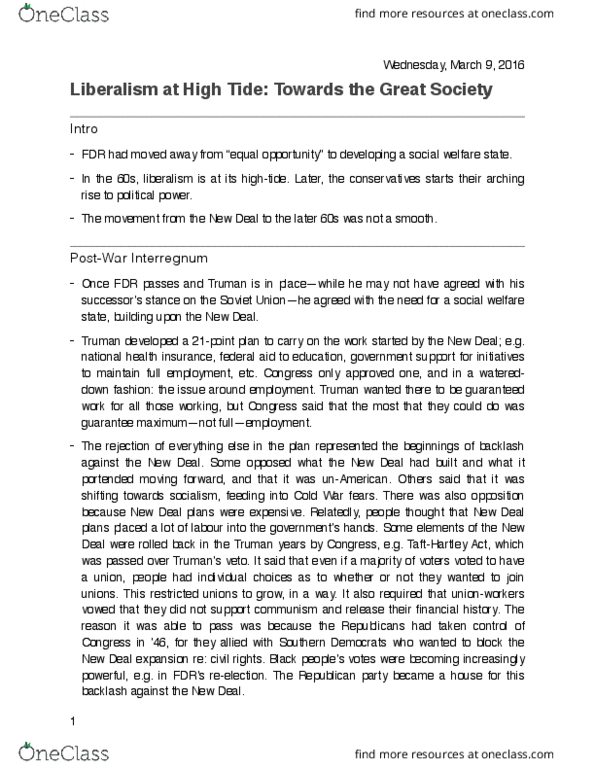 HIS271Y1 Lecture Notes - Lecture 20: Strom Thurmond, Economic Opportunity Act Of 1964, Orval Faubus thumbnail