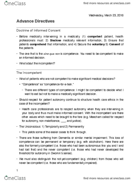 PHL281H1 Lecture Notes - Lecture 20: Advance Healthcare Directive, Health Professional, Disclose thumbnail