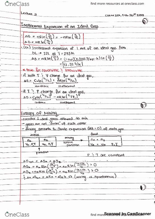 CHEM 201 Lecture 21: (02-26-18) Isothermal Expansion of an Ideal