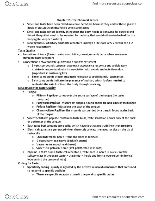 PSYC 3270 Chapter 15: Chapter 15- the chemical senses thumbnail
