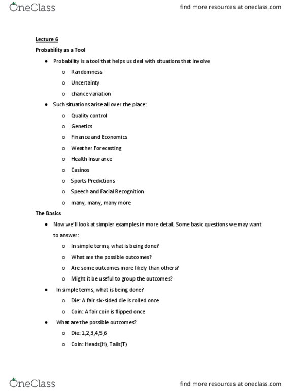 STA 13 Lecture Notes - Lecture 6: Sample Space, Fair Coin, Quality Control thumbnail