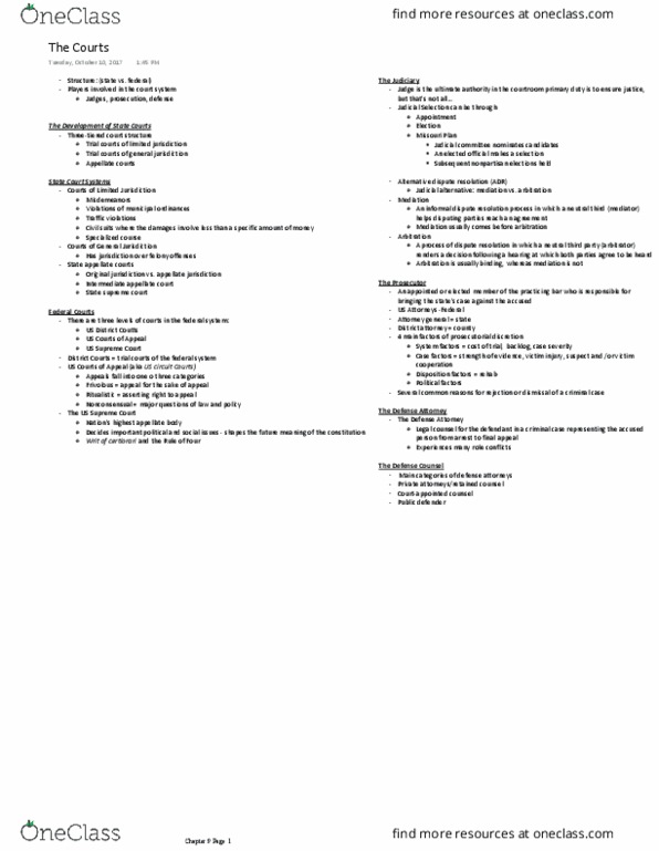 CJ 100 Lecture Notes - Lecture 5: District Attorney, Public Defender, Alternative Dispute Resolution thumbnail