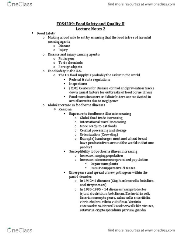 FOS-4209 Lecture Notes - Campylobacter, Clostridium Botulinum, Listeria Monocytogenes thumbnail