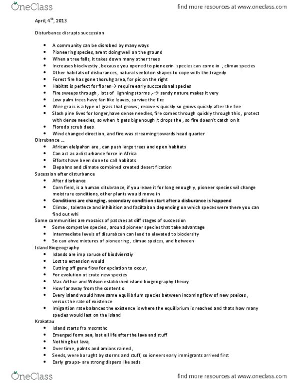 BIOLOGY 1M03 Lecture Notes - Wildfire, Krakatoa, Climax Species thumbnail
