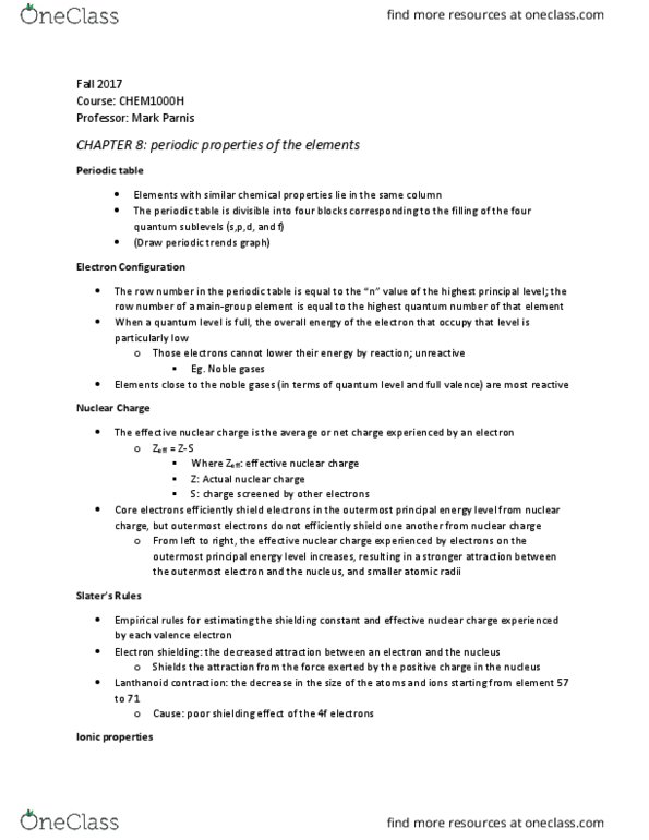 CHEM 1000H Chapter Notes - Chapter 8: Fluorine, Beryllium, Principal Quantum Number thumbnail