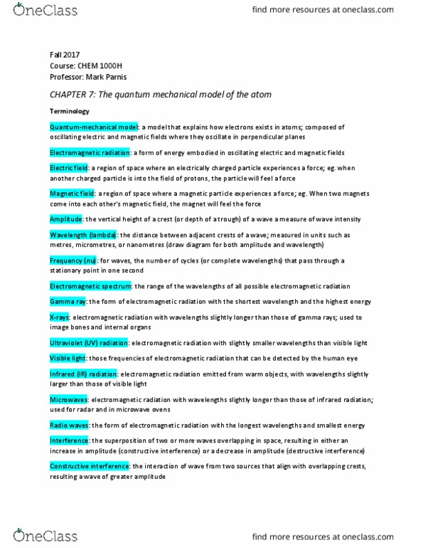 CHEM 1000H Chapter Notes - Chapter 7: Emission Spectrum, Low Frequency, Bohr Model thumbnail