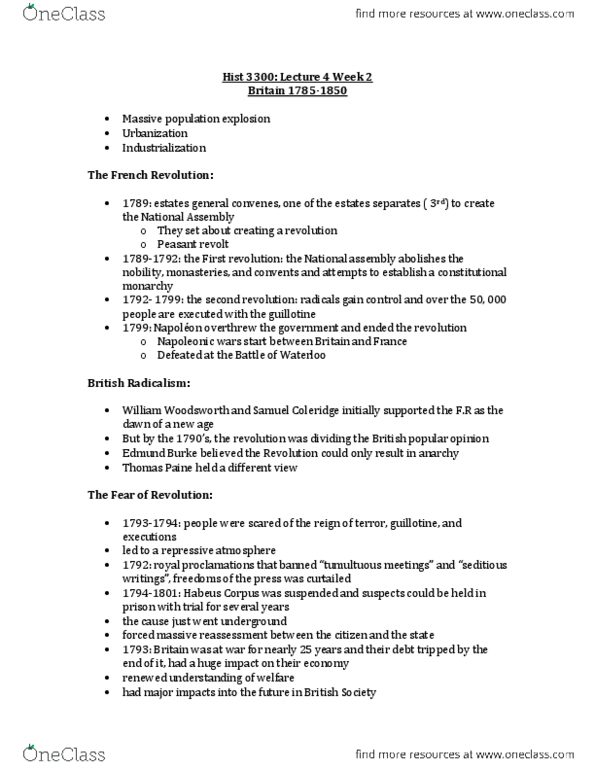 HIST 3130 Lecture Notes - Slater, Class Conflict, Samuel Taylor Coleridge thumbnail