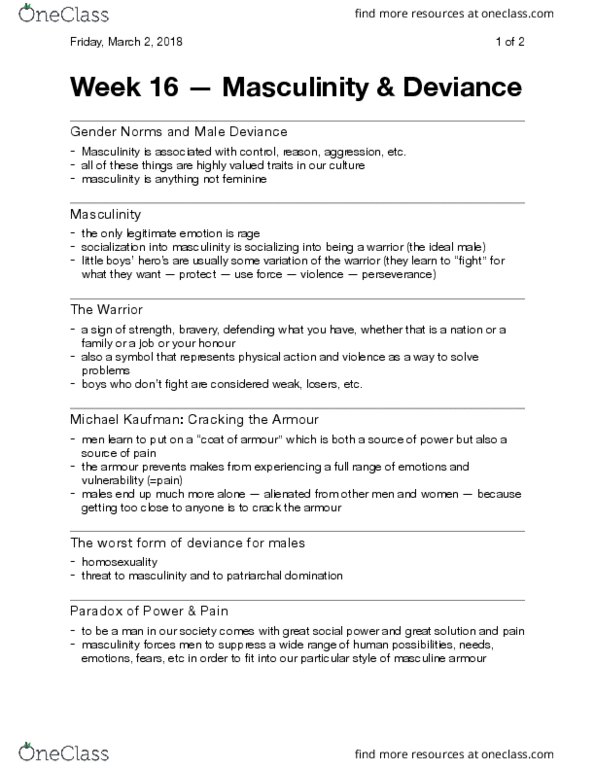 Sociology 2259 Lecture Notes - Lecture 16: Masculinity thumbnail