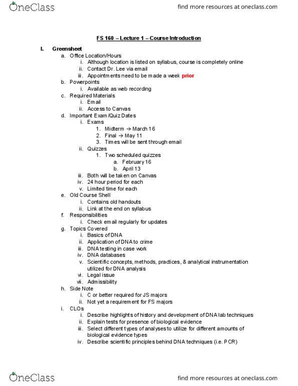 FS 160 Lecture Notes - Lecture 1: Bioterrorism, Combined Dna Index System, Outline Of Physical Science thumbnail