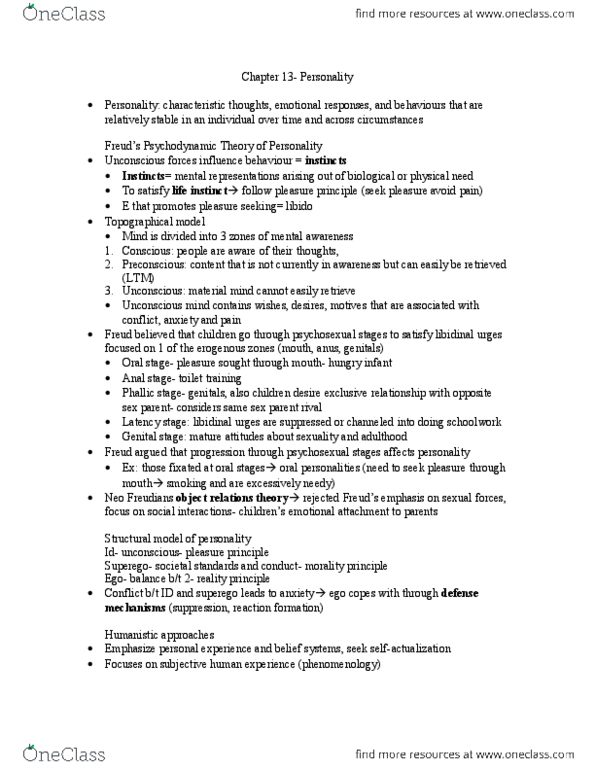 PSY100H1 Chapter Notes - Chapter 13: Neuroticism, Reticular Formation, Object Relations Theory thumbnail