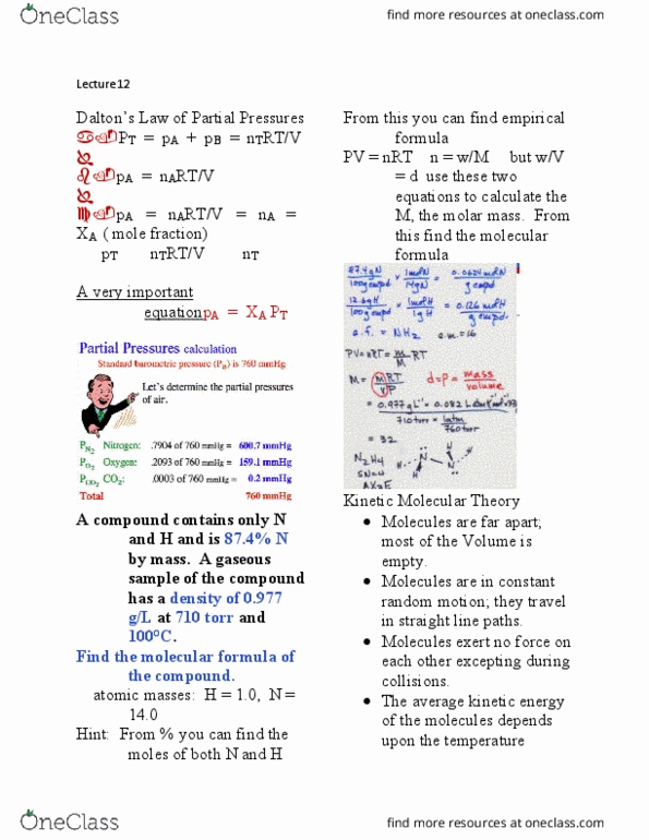 CHM110H5 Lecture Notes - Lecture 12: Kinetic Theory Of Gases, Chemical Formula, Molar Mass thumbnail