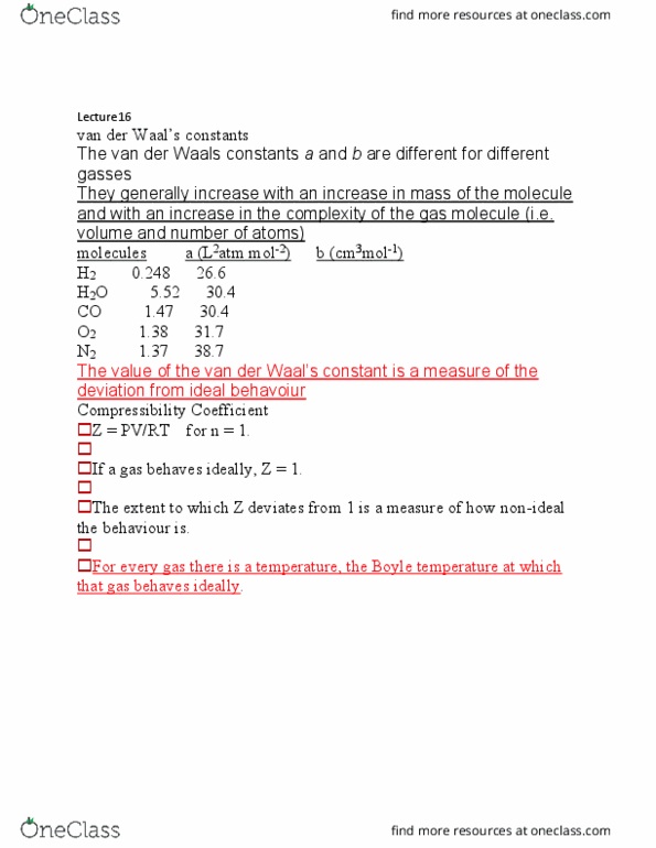 CHM110H5 Lecture Notes - Lecture 16: Perfect Gas, Compressibility Factor, Ideal Gas thumbnail
