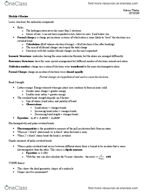 CHEM120 Lecture Notes - Lecture 6: Chemical Polarity, Ionic Radius, Ionic Compound thumbnail