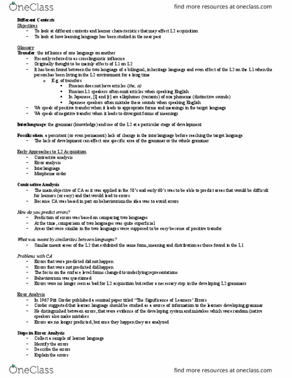 Linguistics 2244A/B Lecture Notes - Lecture 4: Multiple Choice, Contrastive Analysis, Language Transfer thumbnail