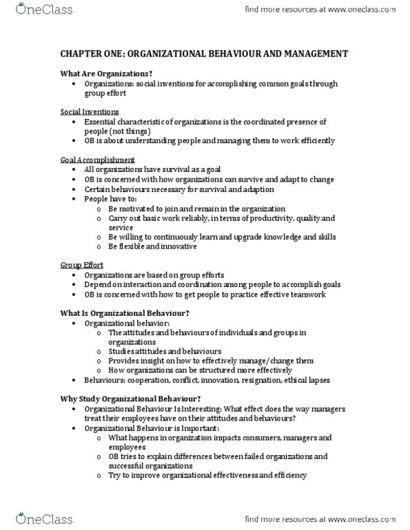 COMMERCE 1BA3 Chapter Notes - Chapter 1-3: Hawthorne Effect, Towers Perrin, Diversity Training thumbnail