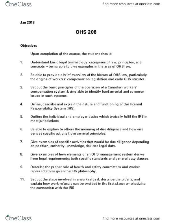 OHS 208 Lecture Notes - Lecture 1: Sole Proprietorship, Regulatory Offence, Independent Contractor thumbnail