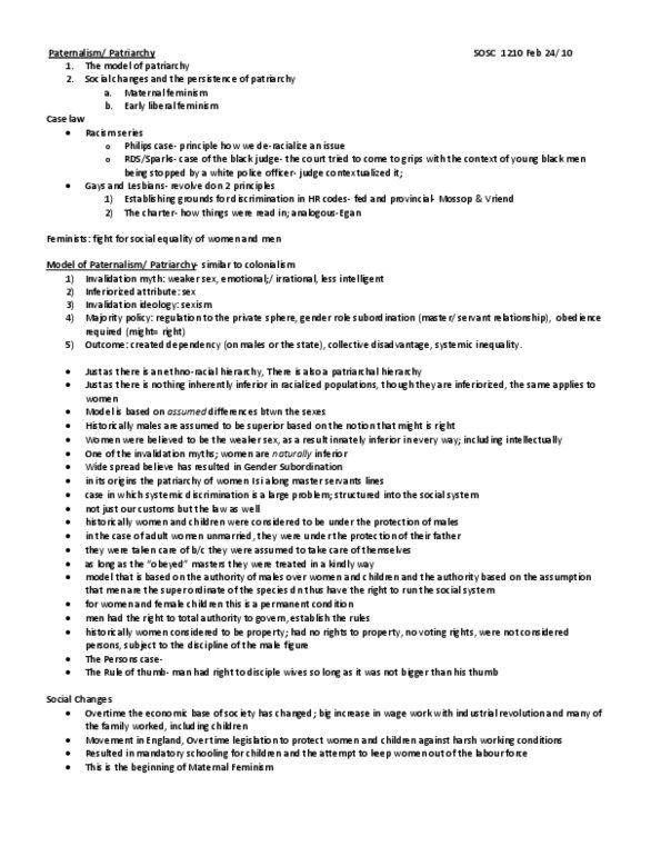 SOSC 1910 Lecture 12: Lecture 12 Paternalism/ Patriarchy 1. The model of patriarchy 2. Social changes and the persistence of patriarchy a. Maternal feminism b. Early liberal feminism thumbnail