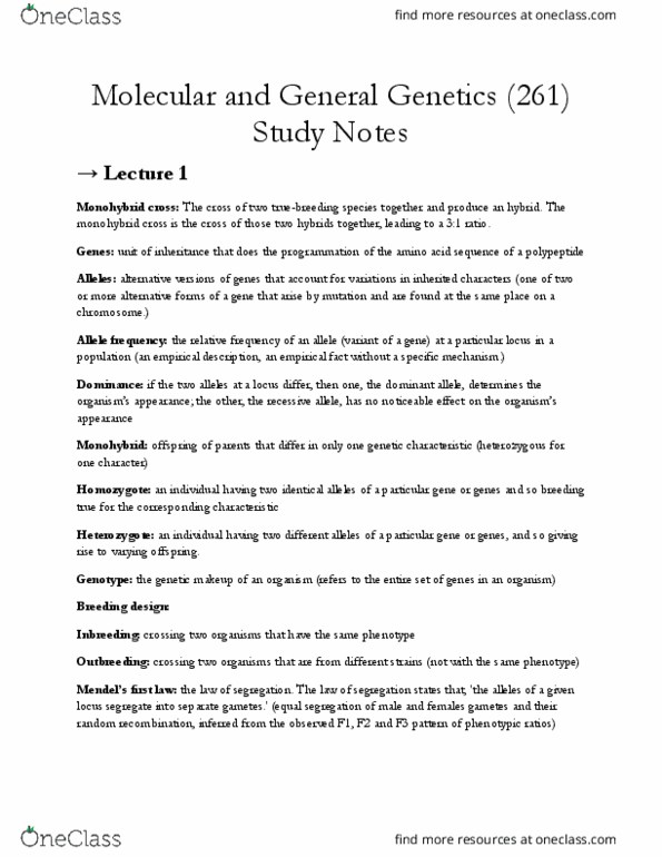 BIOL 261 Lecture Notes - Lecture 1: Allosome, Allele Frequency, Outcrossing thumbnail