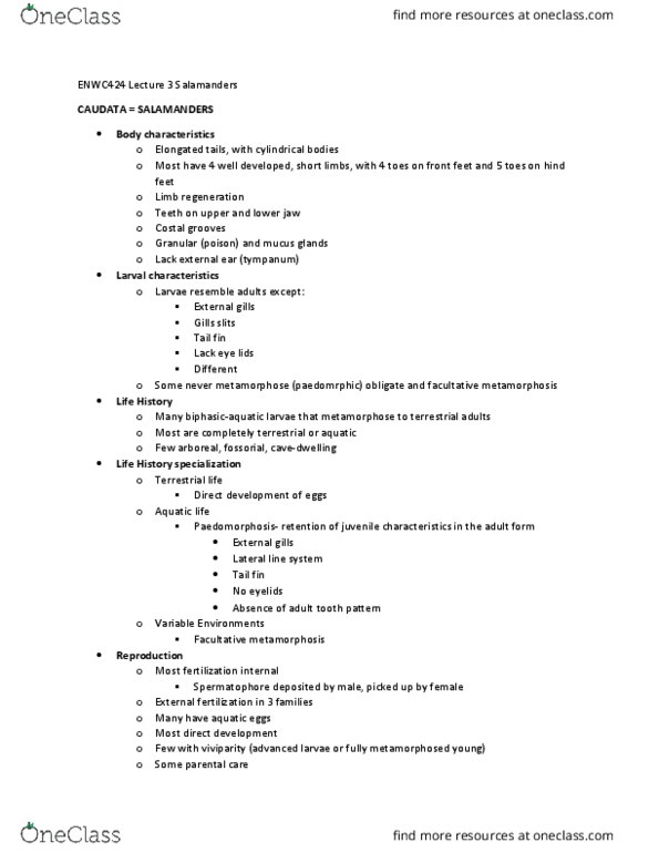 ENWC424 Lecture Notes - Lecture 3: Pacific Giant Salamander, Torrent Salamander, Sexual Dimorphism thumbnail