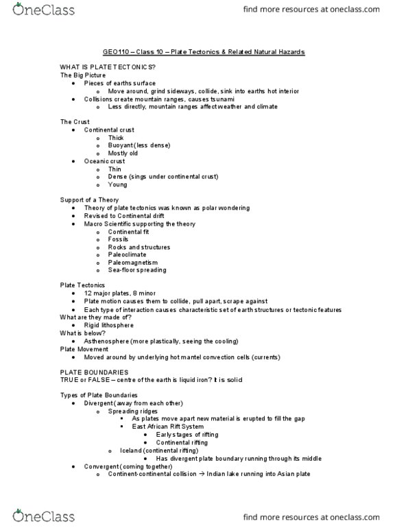 GEO 110 Lecture Notes - Lecture 11: Himalayas, San Andreas Fault, Subduction thumbnail