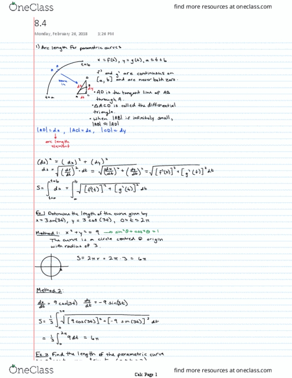 Applied Mathematics 1413 Lecture 78: 8.4 Arc Lengths and Areas for Parametric Curves thumbnail