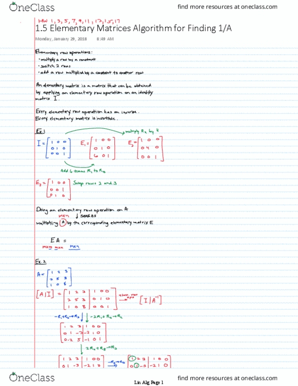 Applied Mathematics 1411A/B Lecture 11: 1.5 Elementary Matrices Algorithm for Finding A Inverse thumbnail