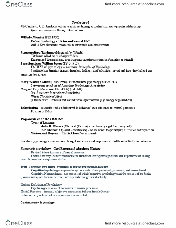 PSYC 111 Lecture Notes - Lecture 1: Tabula Rasa, Perception, Margaret Floy Washburn thumbnail