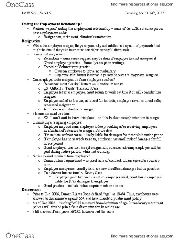 LAW 529 Lecture Notes - Lecture 9: Layoff, Constructive Dismissal, Unemployment Benefits thumbnail