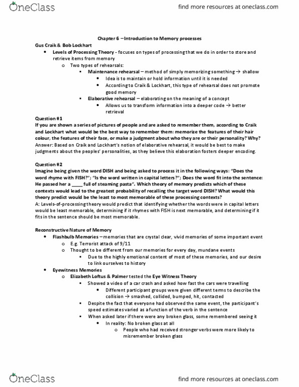 PSYCH207 Lecture Notes - Lecture 6: Spreading Activation, Clive Wearing, Implicit Memory thumbnail