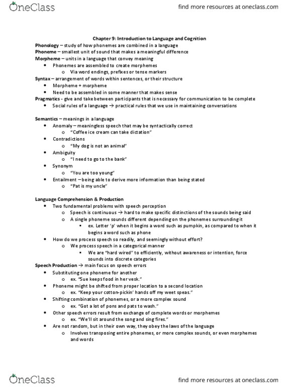 PSYCH207 Lecture Notes - Lecture 9: Expressive Aphasia, Agraphia, Frontal Lobe thumbnail