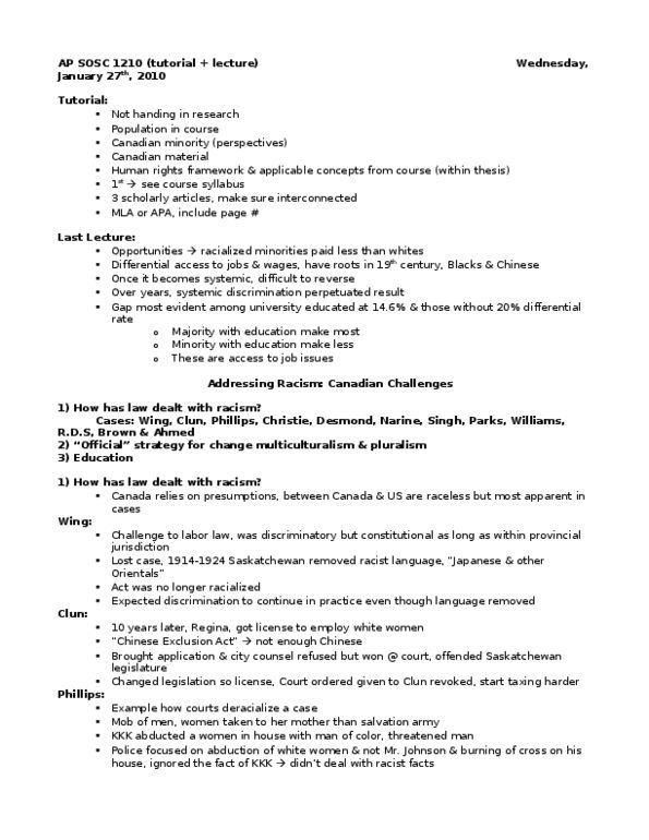 SOSC 1910 Lecture 8: Lecture 8 Notes are spaced out on first two pages, single spaced for rest of document! thumbnail