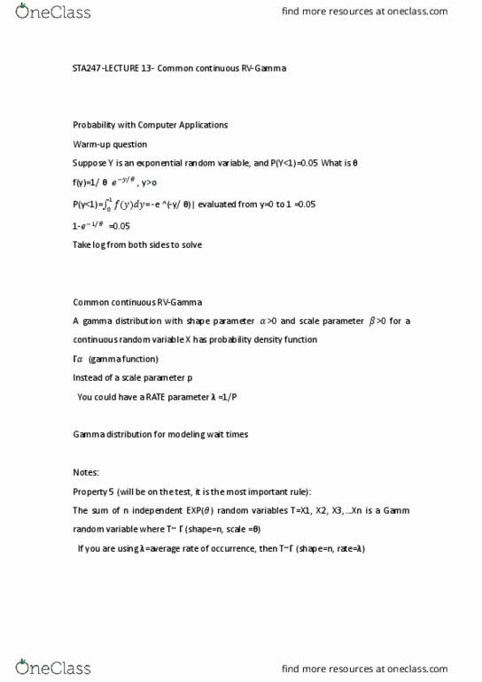 STA247H1 Lecture Notes - Lecture 13: Exponential Distribution, Probability Distribution, Gamma Distribution thumbnail