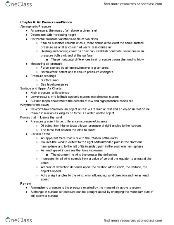 AOSC 200 Chapter Notes - Chapter 6: Katabatic Wind, North Wind, Geostrophic Wind thumbnail