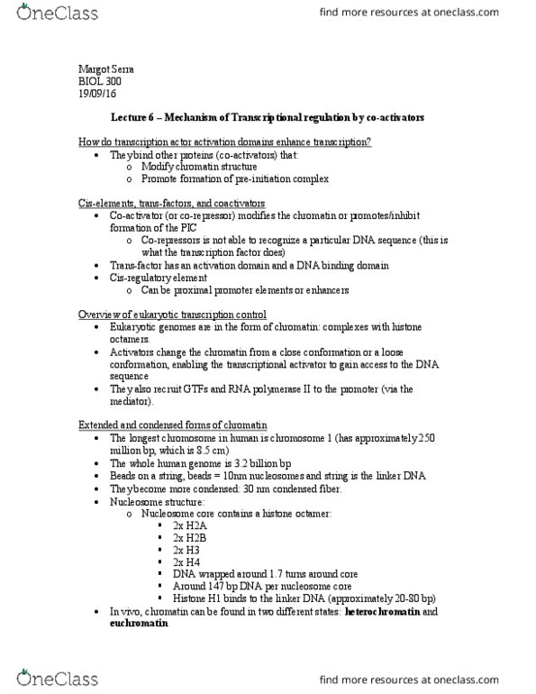 BIOL 300 Lecture Notes - Lecture 6: Gcn4, Taf1, Arginine thumbnail